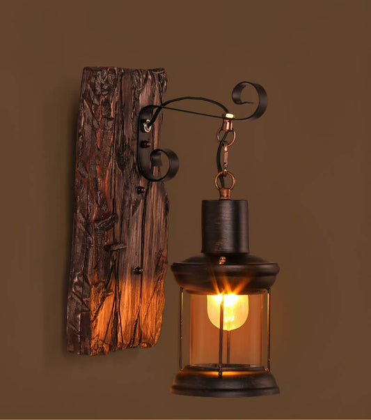 LichtGlas - Cylinder shaped wall lamp with glass, iron and wooden base 