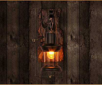 LichtGlas - Cylinder shaped wall lamp with glass, iron and wooden base 