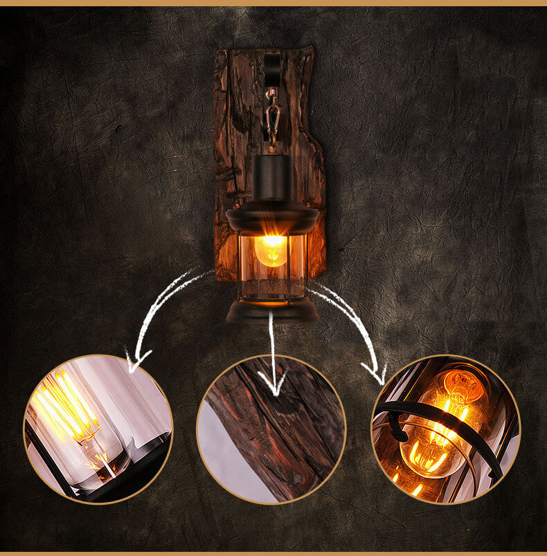 LichtGlas - Cylinder shaped wall lamp with glass, iron and wooden base 