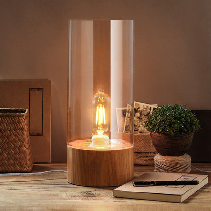 Lumeo - Stylish Cylinder Bedside Table Lamp with Wooden Base