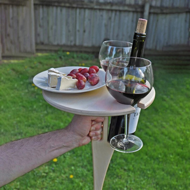 Foldable Wine Table with Foldable Round Table, Mini Wooden Picnic Table 