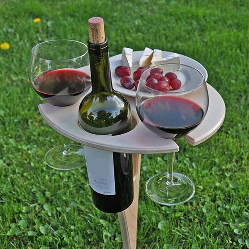 Foldable Wine Table with Foldable Round Table, Mini Wooden Picnic Table 