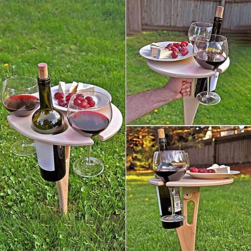 Foldable Wine Table with Foldable Round Table, Mini Wooden Picnic Table 