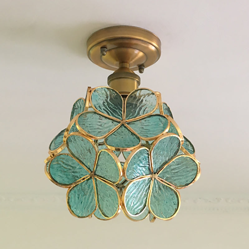 Retro Ceiling Lamp in Colored Glass with Floral Motif