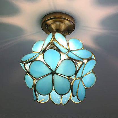 Retro Ceiling Lamp in Colored Glass with Floral Motif