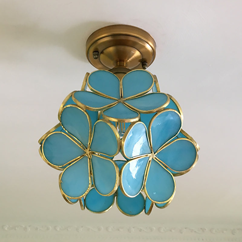 Retro Ceiling Lamp in Colored Glass with Floral Motif