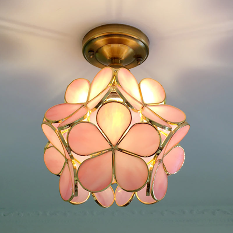 Retro Ceiling Lamp in Colored Glass with Floral Motif