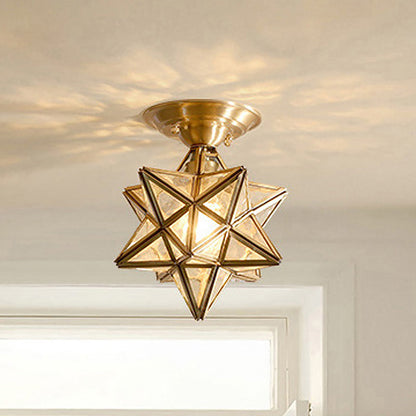 Brass Ceiling Lamp in Star Shape with Transparent Glass