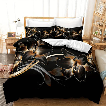 GlowGlam - Black &amp; Gold Flower Printed Duvet Cover Bedding Set