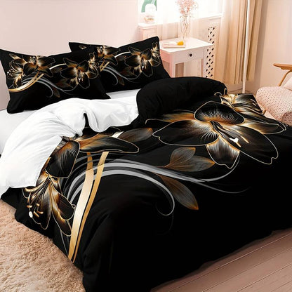 GlowGlam - Black &amp; Gold Flower Printed Duvet Cover Bedding Set