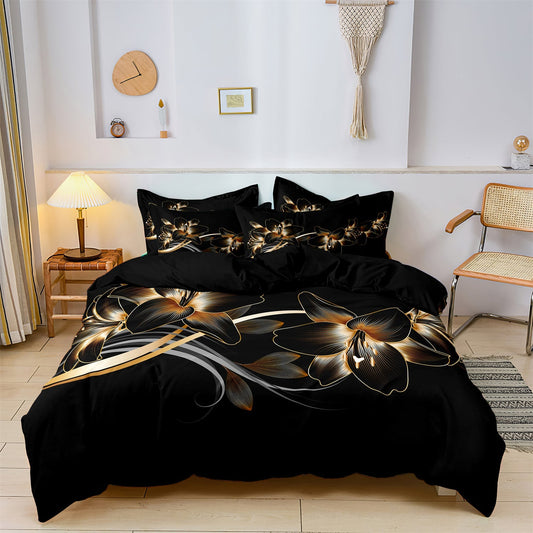 GlowGlam - Black &amp; Gold Flower Printed Duvet Cover Bedding Set