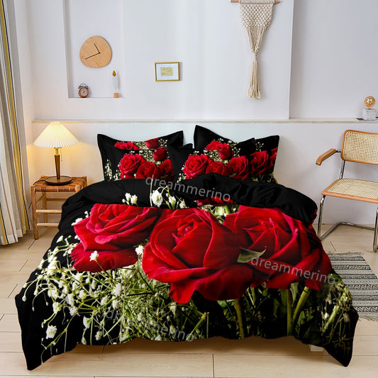 FloraGlow - Romantic Rose Flower Printed Duvet Cover Bedding Set