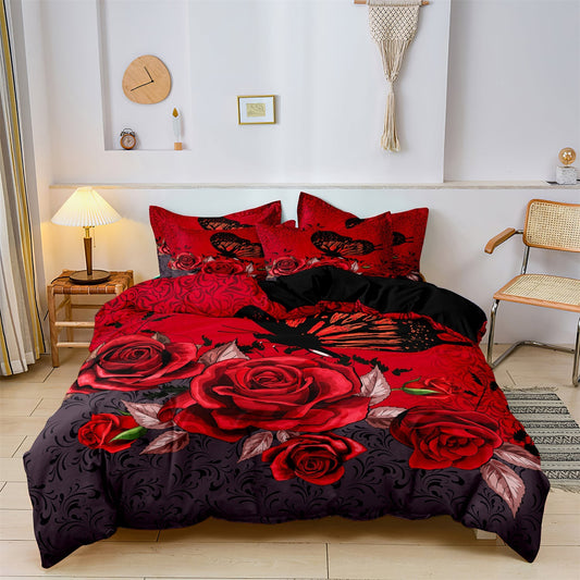 RoseGlow - Red Rose Duvet Cover Pillowcase Bedding Set