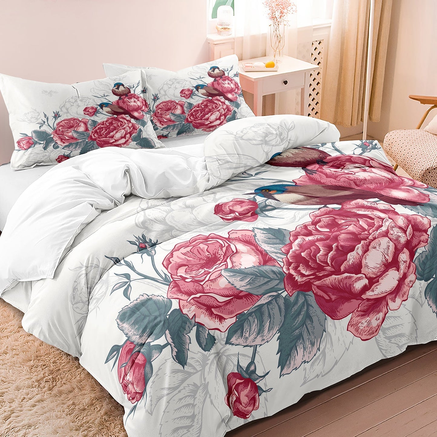 FloraDream - Flowers Bird Soft Doona Duvet Cover Bedding Set