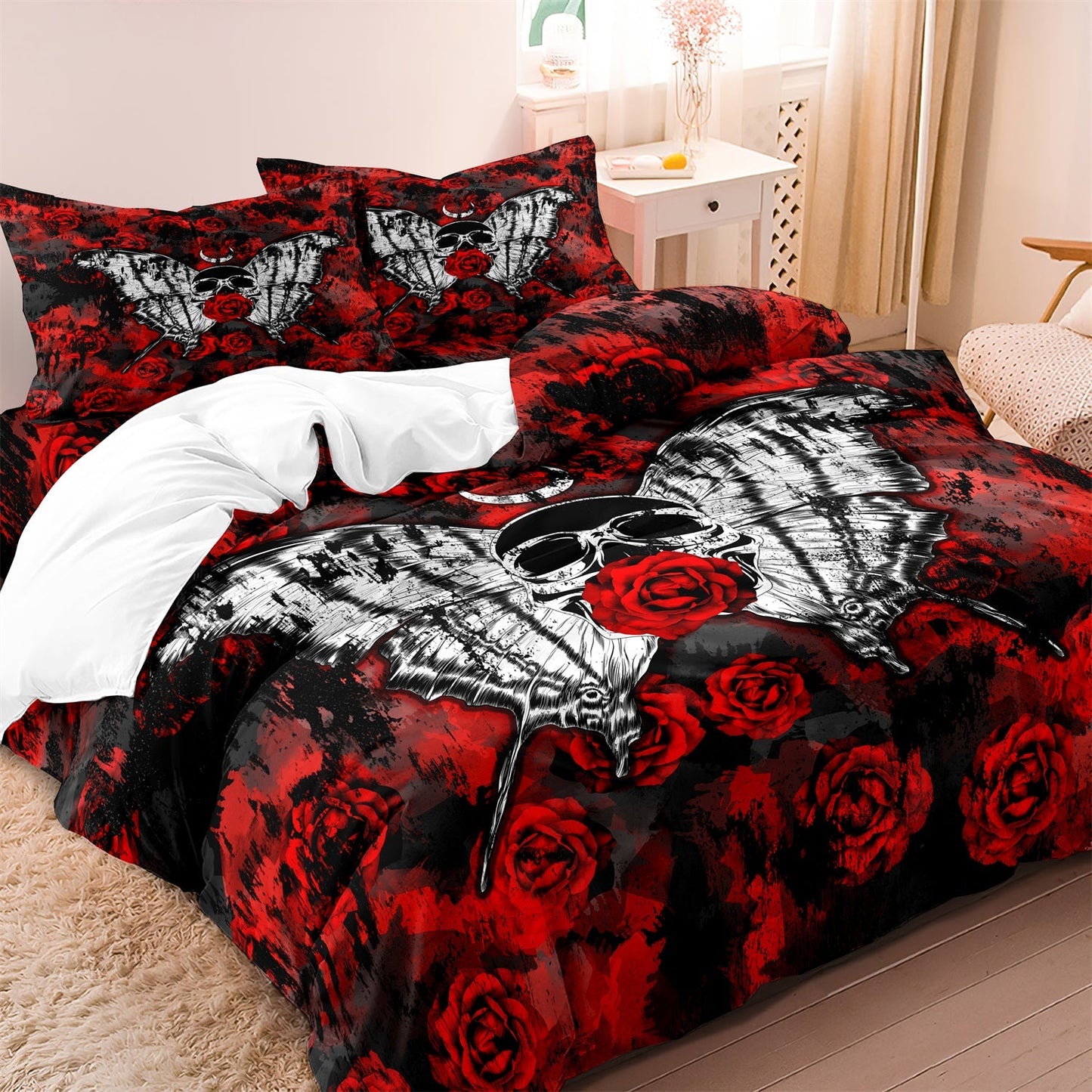 SkullGlow - Cool Skull Rose Duvet Cover Bedding Set