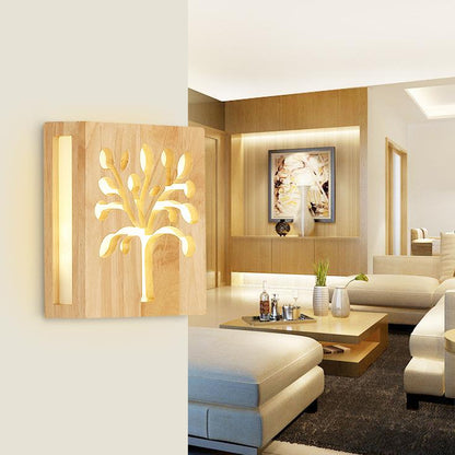 NatuurGlow - Modern LED wall lamp made of solid wood with Happy Tree and antler motif 