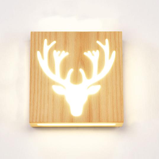 NatuurGlow - Modern LED wall lamp made of solid wood with Happy Tree and antler motif 