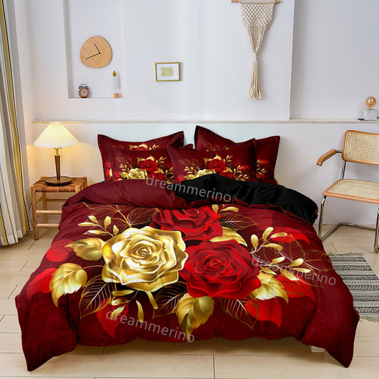 Flower Joy - Romantic Red Rose Printed Duvet Cover Bedding Set