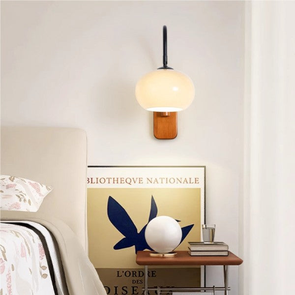 Orbite - Wall Lamp in Khaki Glass with Wooden Accent