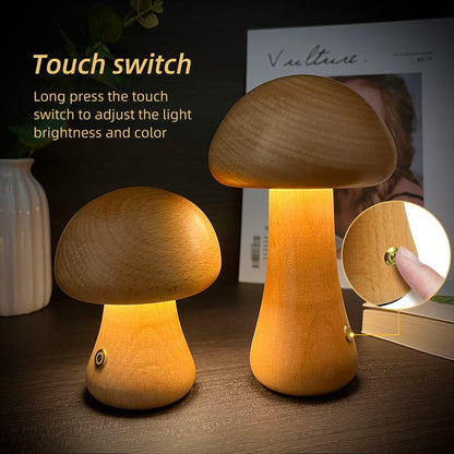 LUMONIGHT | Wooden Mushroom LED Night Light with Touch Switch | Atmospheric Lighting | Child Friendly 