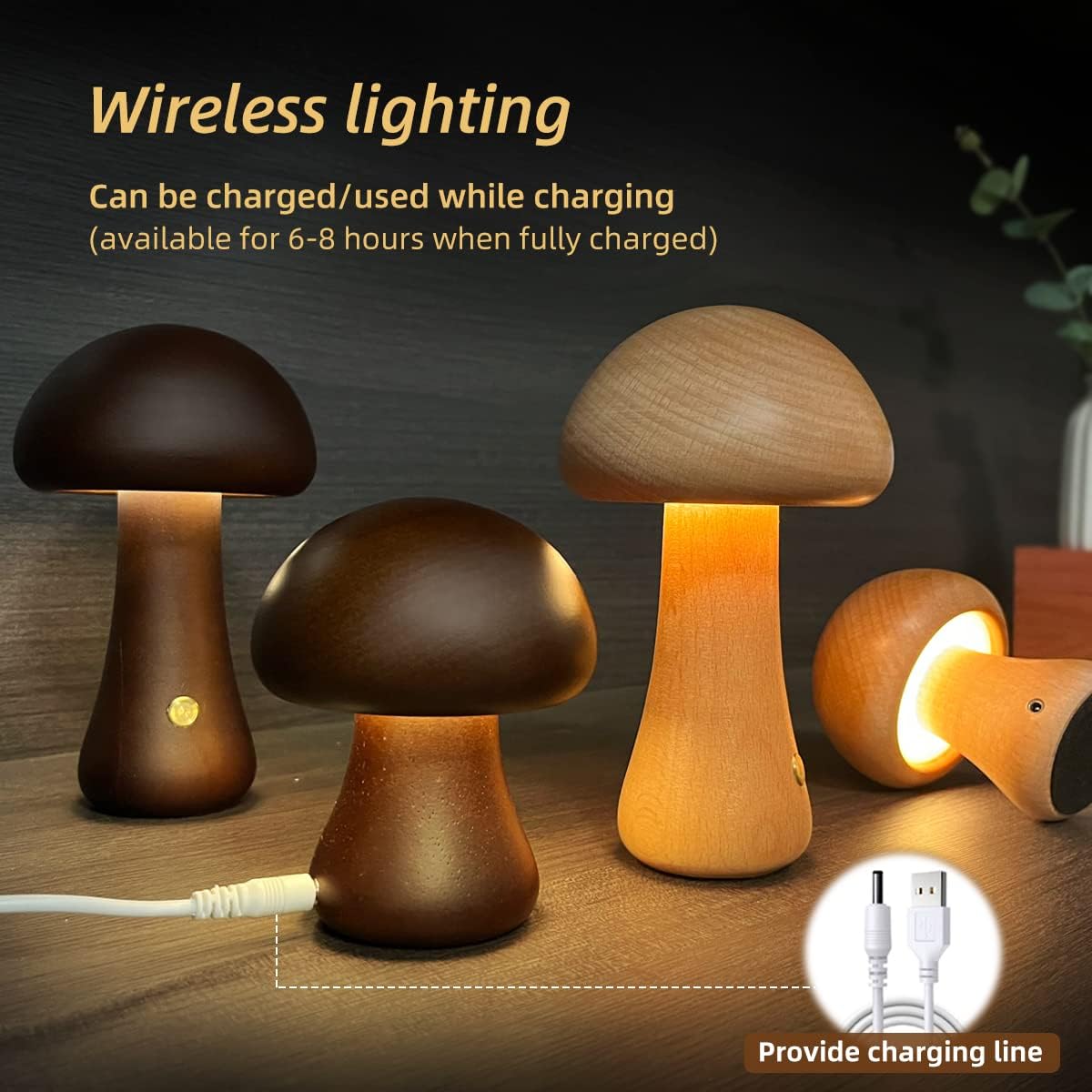 LUMONIGHT | Wooden Mushroom LED Night Light with Touch Switch | Atmospheric Lighting | Child Friendly 