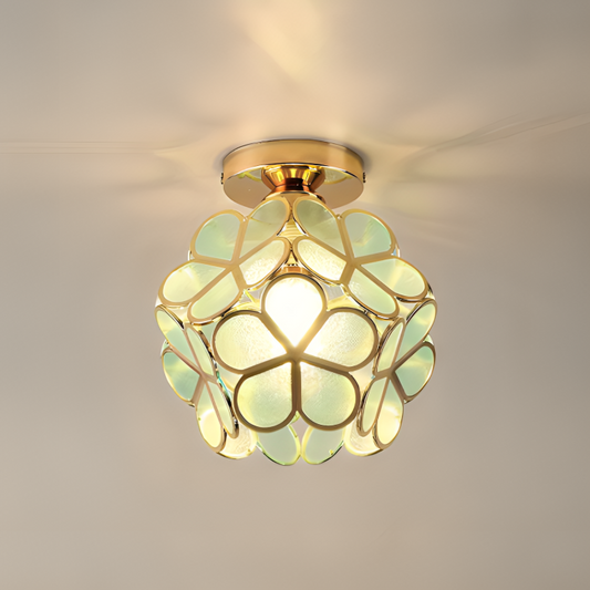 Retro Plafondlamp van Gekleurd Glas met Bloemenmotief