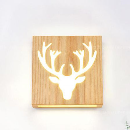 NatuurGlow - Modern LED wall lamp made of solid wood with Happy Tree and antler motif 