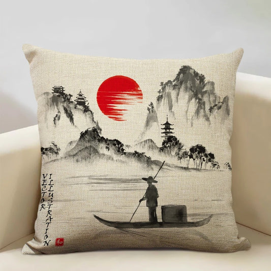 Japanse Mount Fuji Kussenhoes – Retro Ukiyo-e Kunst voor Uw Huis