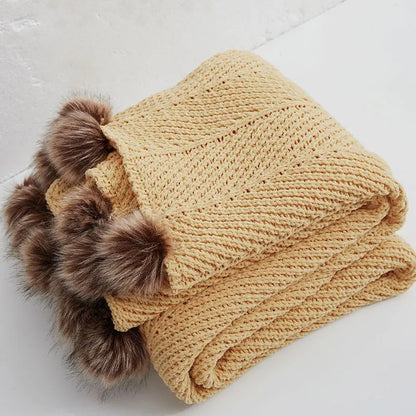 Chunky Knit Chenille Deken met Schattige Pompons