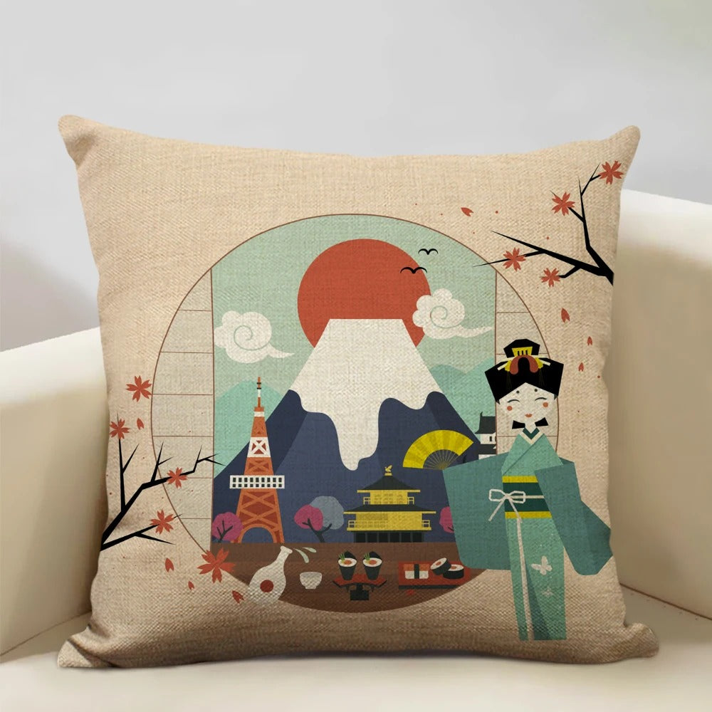 Japanese Mount Fuji Cushion Cover – Retro Ukiyo-e Art for Your Home