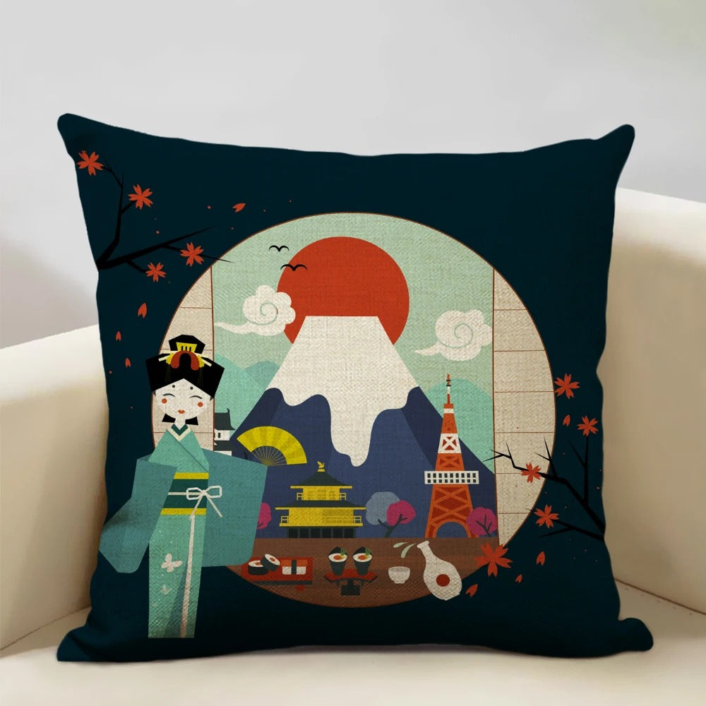 Japanese Mount Fuji Cushion Cover – Retro Ukiyo-e Art for Your Home