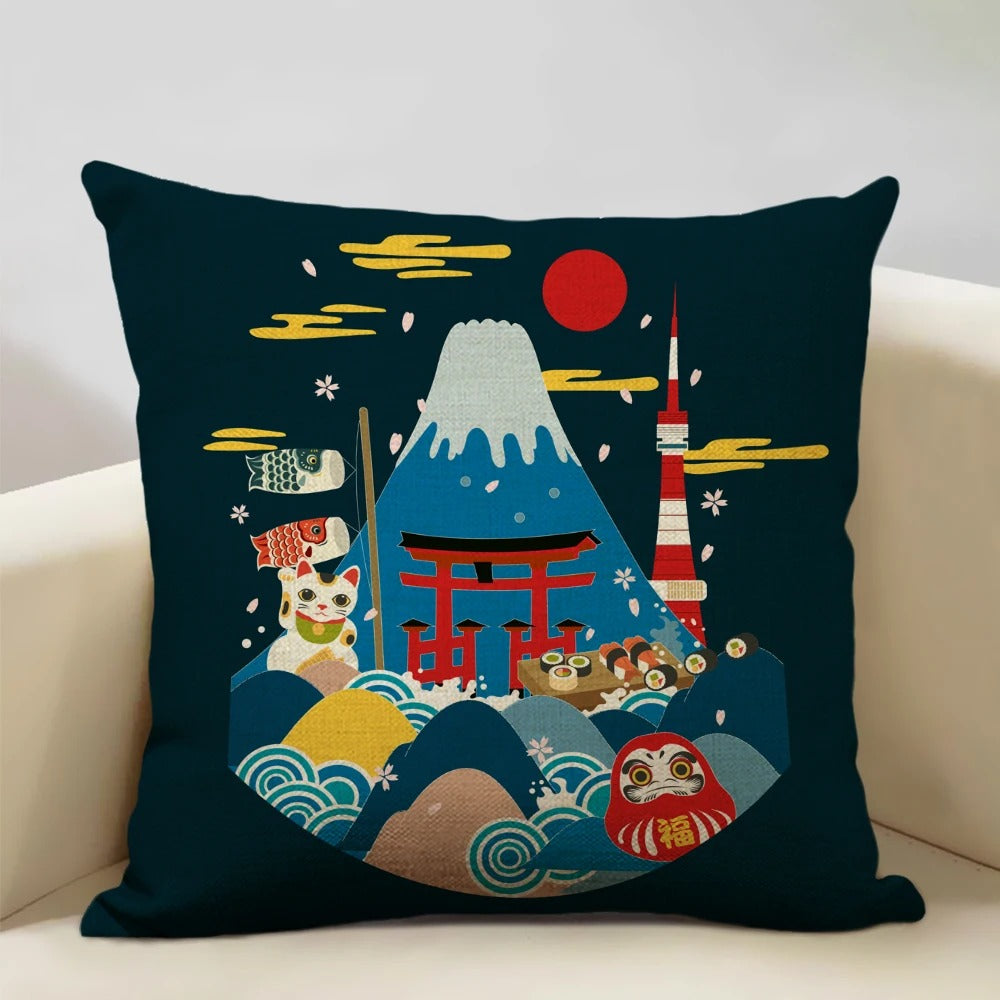 Japanse Mount Fuji Kussenhoes – Retro Ukiyo-e Kunst voor Uw Huis