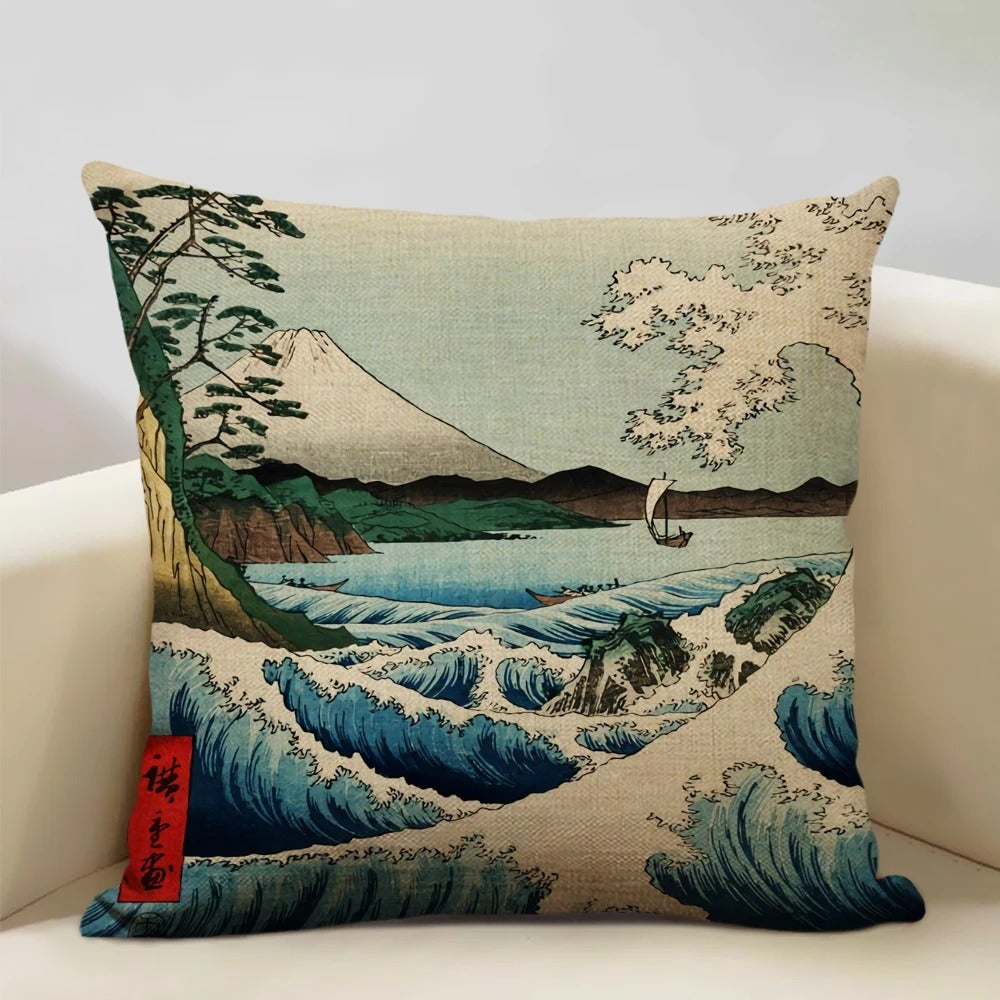 Japanese Mount Fuji Cushion Cover – Retro Ukiyo-e Art for Your Home