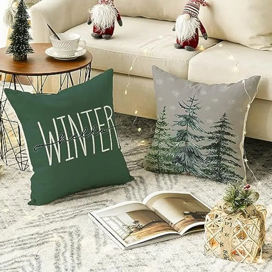 Colorful Christmas Cushion Cover – 'Merry Christmas Tree' &amp; 'Hello Winter' Design