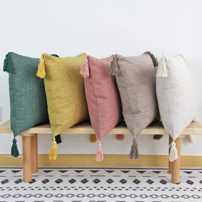 Linen Cushion Cover with Tassels – For Sofa and Bedroom