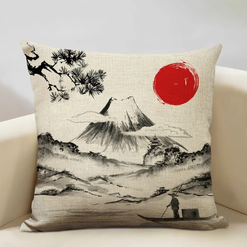 Japanese Mount Fuji Cushion Cover – Retro Ukiyo-e Art for Your Home