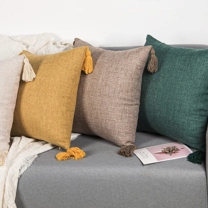 Linen Cushion Cover with Tassels – For Sofa and Bedroom