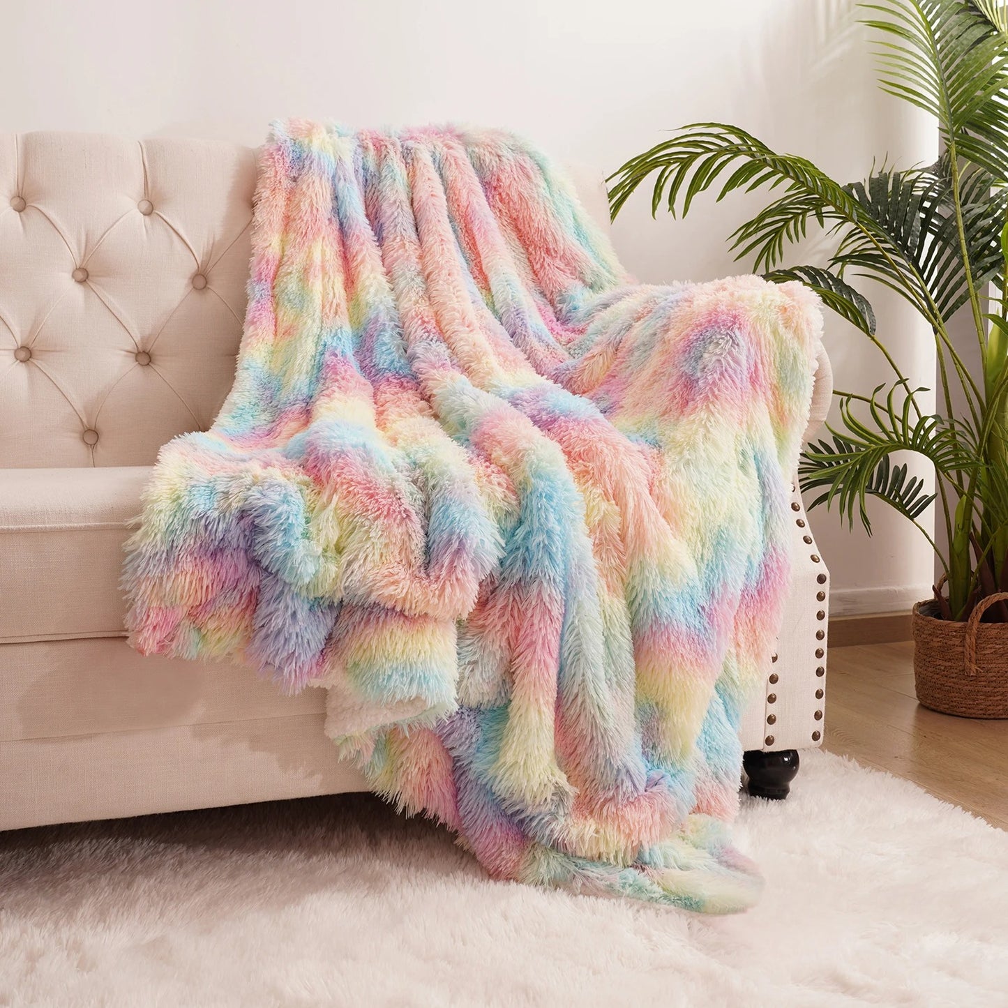 Rainbow Fluffy Pluche Deken - Kleurrijk Comfort voor Alle Leeftijden!