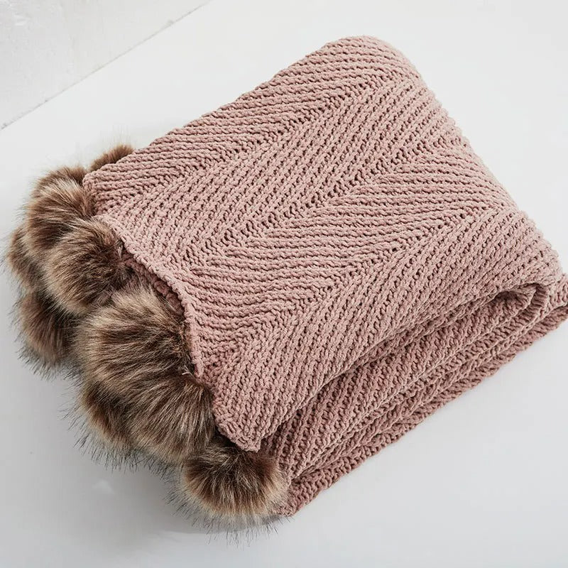 Chunky Knit Chenille Deken met Schattige Pompons