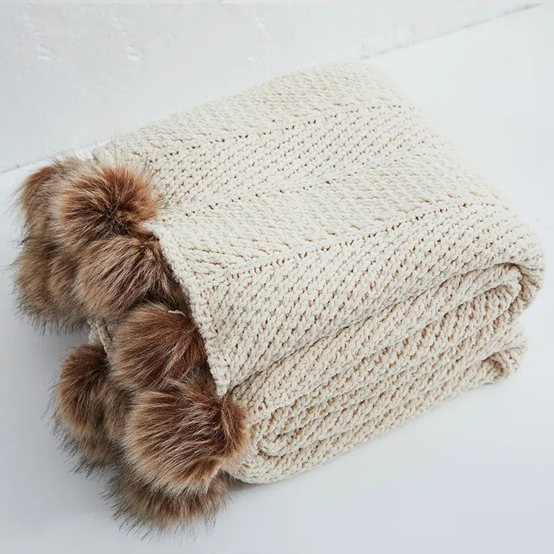 Chunky Knit Chenille Deken met Schattige Pompons