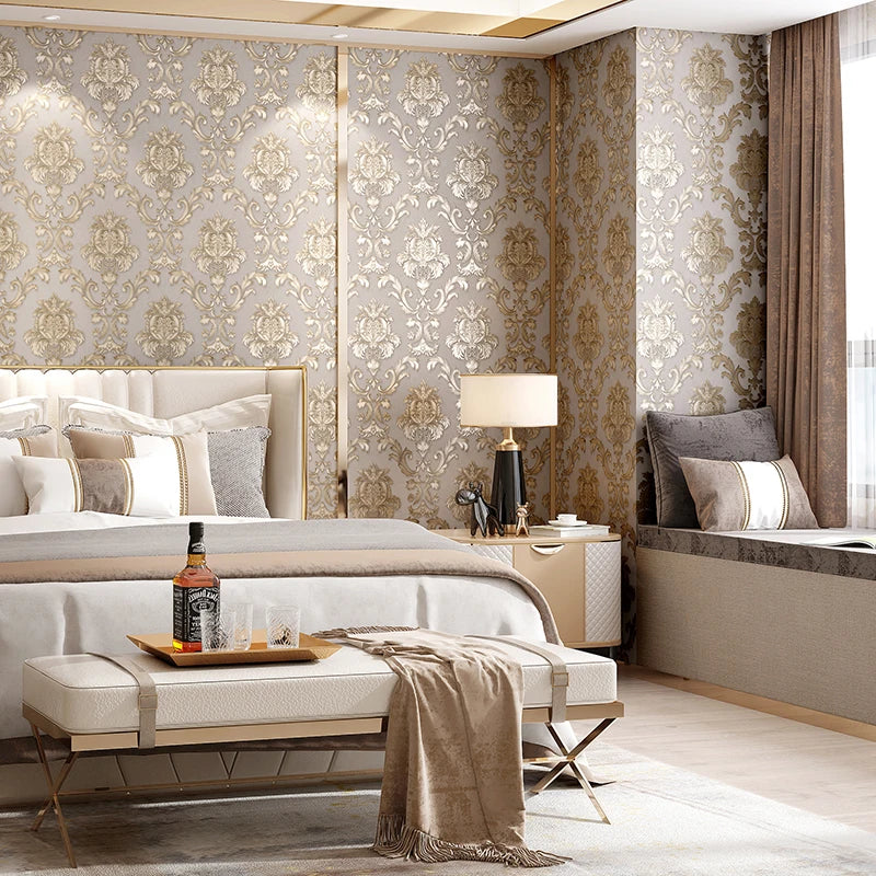 Gold Textured Luxury Classic 3D Damask Wallpaper Decor 