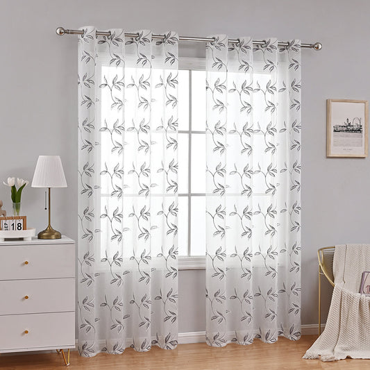 ChicFloral - Polyester Curtain with Flower and Leaves Pattern in White and Gray