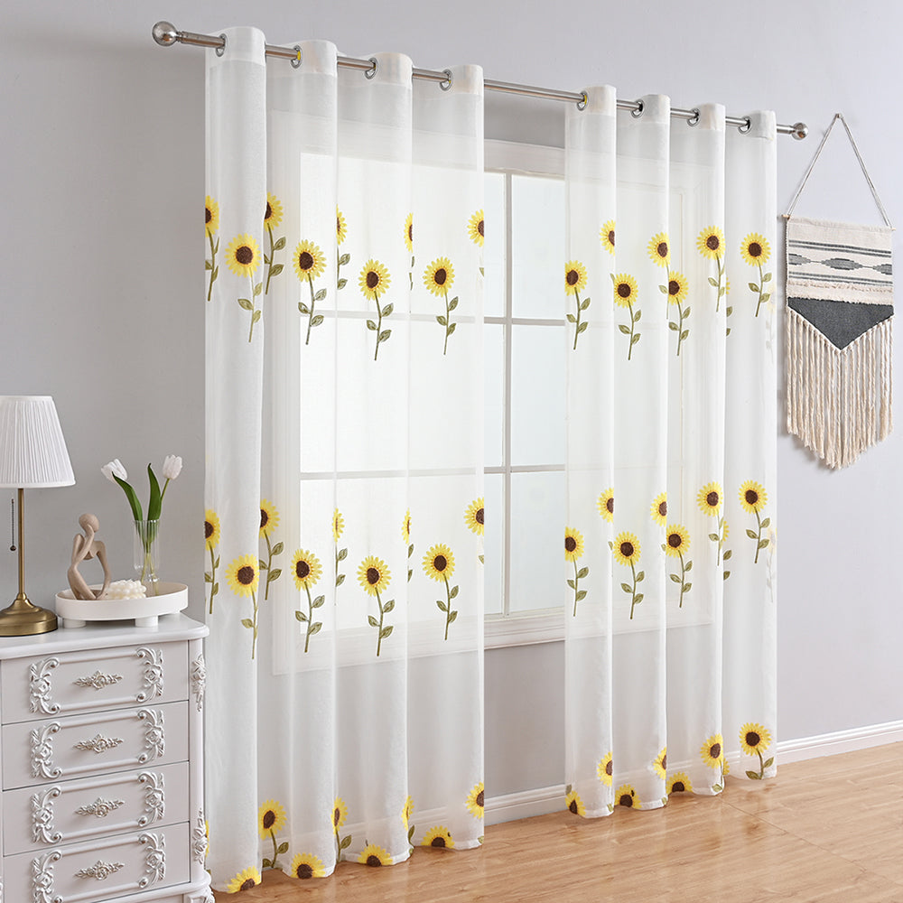 CountryBloom - Airy White Curtain with Sunflower Motif for a Farmhouse Decor