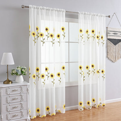 CountryBloom - Airy White Curtain with Sunflower Motif for a Farmhouse Decor