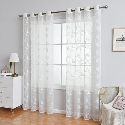 ChicFloral - Polyester Curtain with Flower and Leaves Pattern in White and Gray