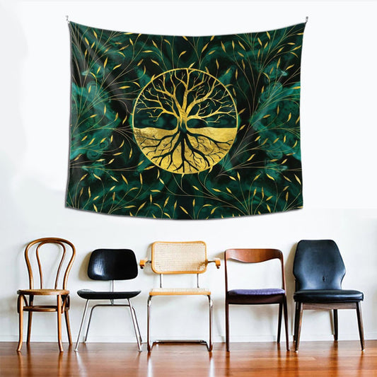 Golden Tree of Life Malachite Design Wall Tapestry 